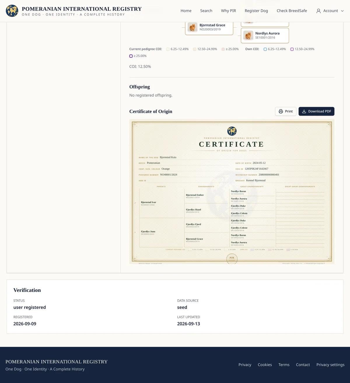 Certificate of origin for a Pomeranian with gold border, dog details and a four generation pedigree table