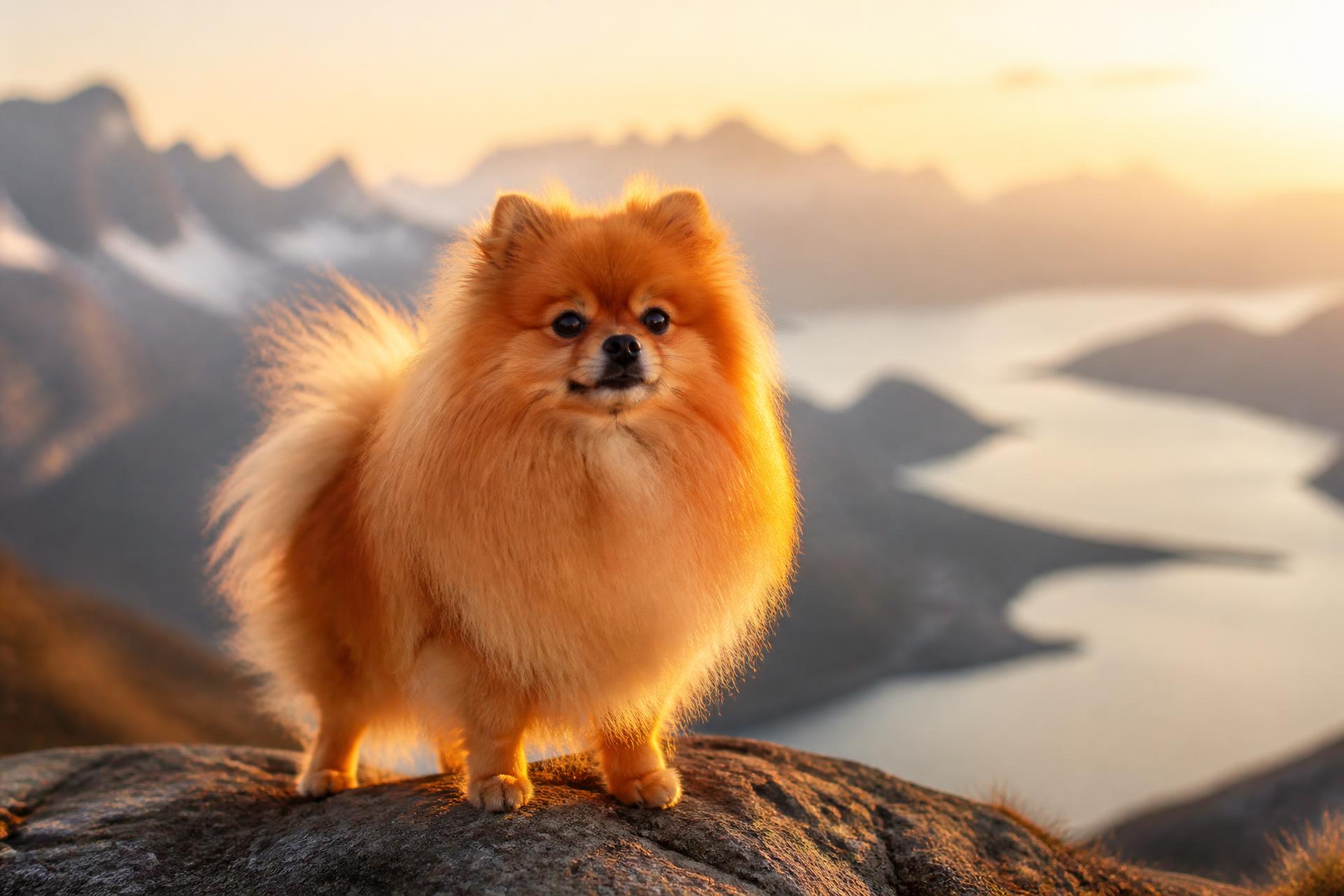 Pomeranian standing on a rock at golden hour