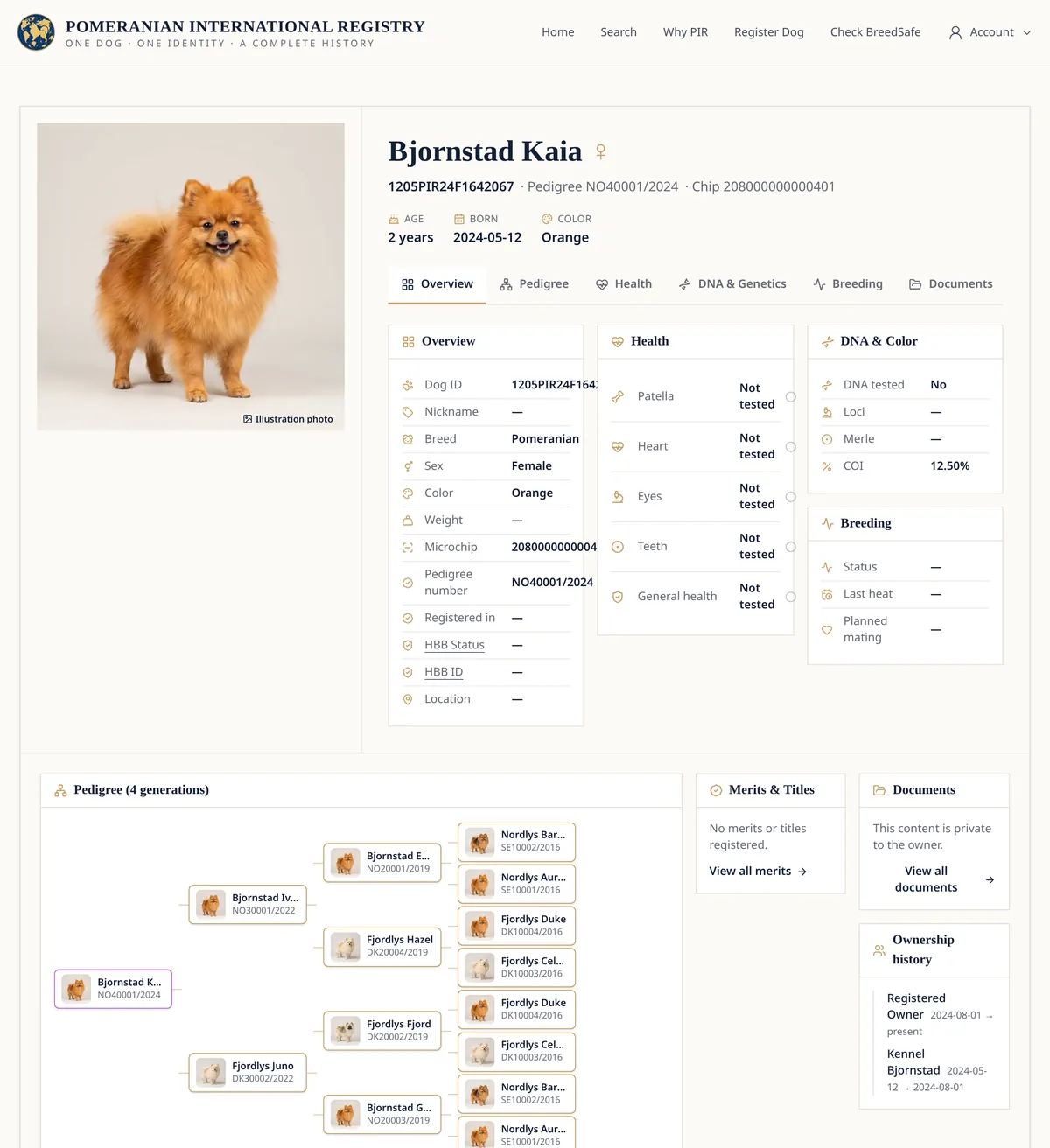 Dog profile page showing name, PIR Dog ID, microchip, pedigree number, age, colour and the profile tabs