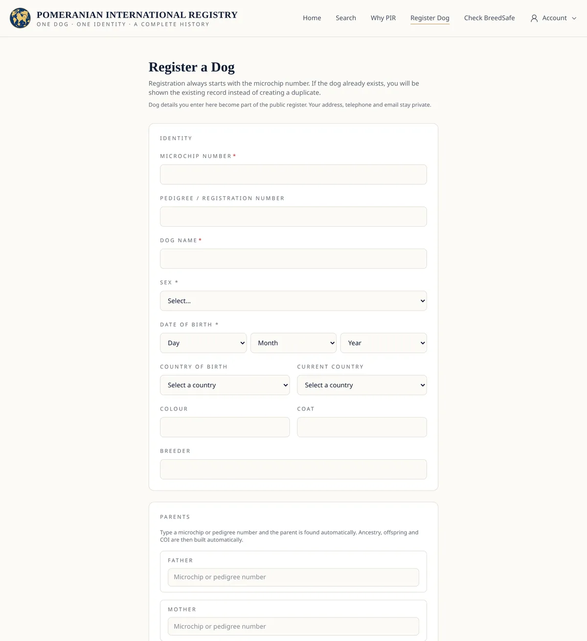 Registration form for a Pomeranian with fields for microchip number, pedigree number, name, sex, date of birth and parents