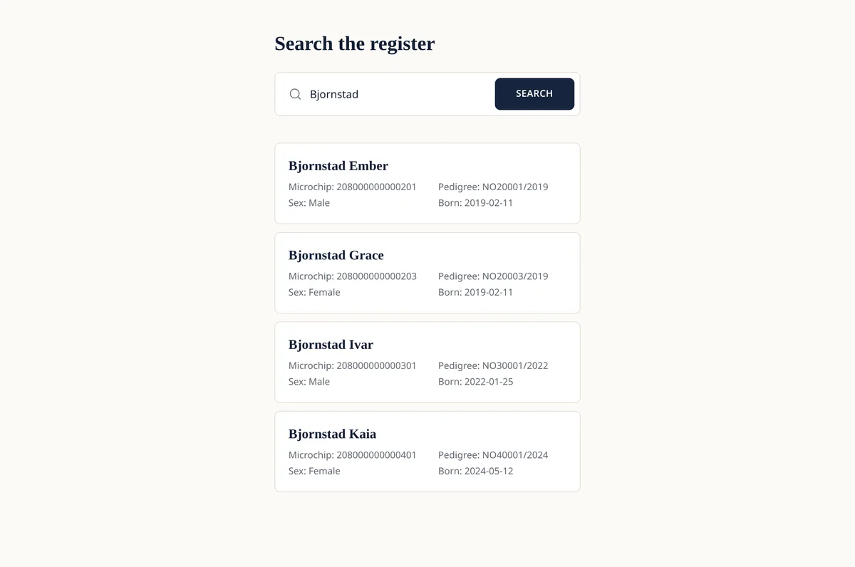 Search results in the Pomeranian International Registry showing four Pomeranians with microchip and pedigree numbers